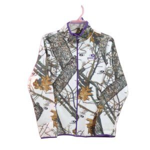 Mossy Oak Winter Camo Ladies Medium Fleece Jacket Purple Trim Zip Front Thumb Ho